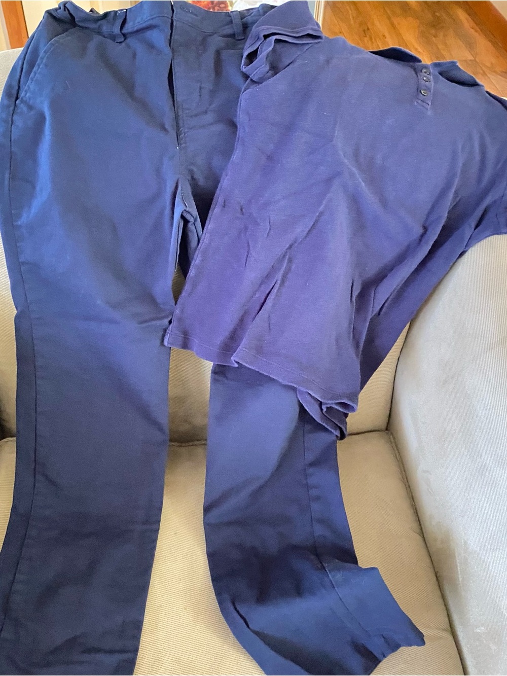 Navy blue kids pants and shirt.  Sz 16.  Pants have flex waist.